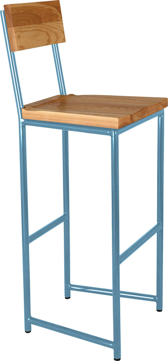 Duck-egg blue metal stool with back with natural stain ash wood made in UK - angle view round frame