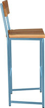 Load image into Gallery viewer, Duck-egg blue metal stool with back with natural stain ash wood made in UK - side view round frame
