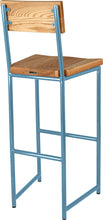 Load image into Gallery viewer, Duck-egg blue metal stool with back with natural stain ash wood made in UK - back side view round frame
