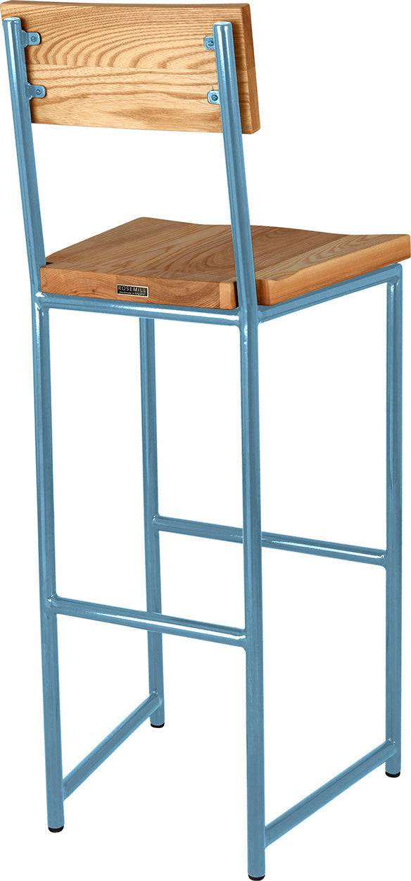Duck-egg blue metal stool with back with natural stain ash wood made in UK - back side view round frame