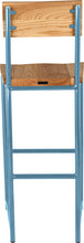 Load image into Gallery viewer, Duck-egg blue metal stool with back with natural stain ash wood made in UK - back view round frame
