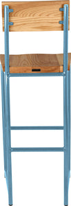 Duck-egg blue metal stool with back with natural stain ash wood made in UK - back view round frame