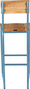 Duck-egg blue metal stool with back with natural stain ash wood made in UK - back view round frame