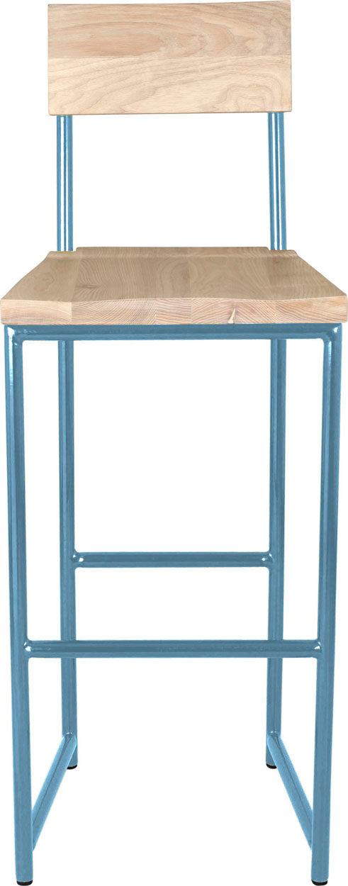 Duck-egg blue metal stool with back with whitewash stain ash wood made in UK - front view round frame
