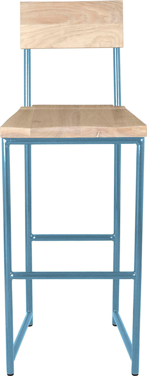 Duck-egg blue metal stool with back with whitewash stain ash wood made in UK - front view round frame