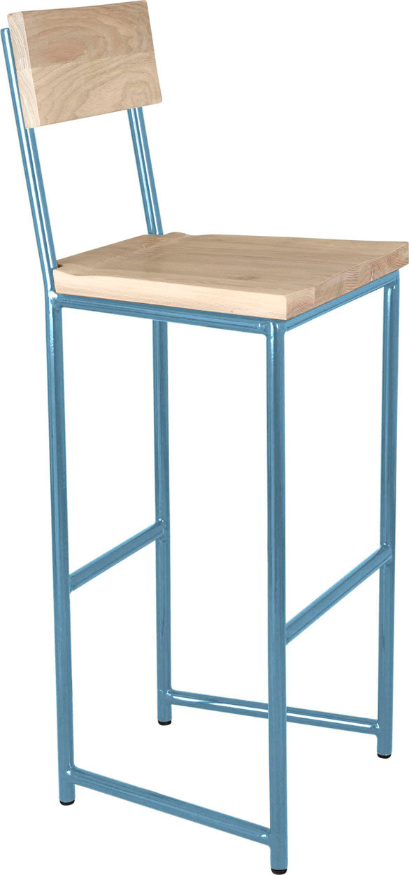 Duck-egg blue metal stool with back with whitewash stain ash wood made in UK - angle view round frame