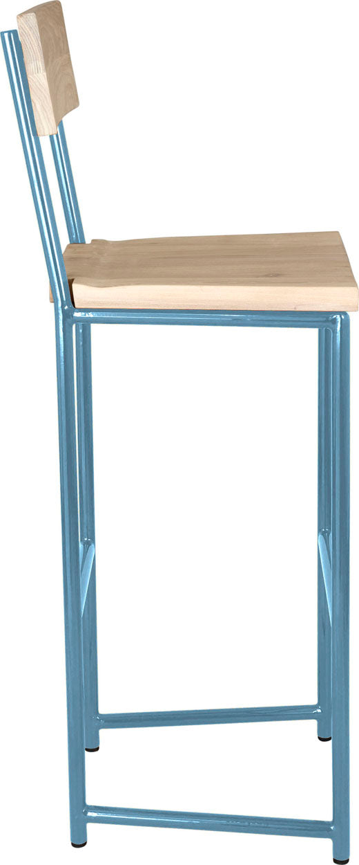 Duck-egg blue metal stool with back with whitewash stain ash wood made in UK - side view round frame