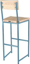 Load image into Gallery viewer, Duck-egg blue metal stool with back with whitewash stain ash wood made in UK - back side view round frame
