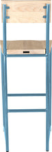 Load image into Gallery viewer, Duck-egg blue metal stool with back with whitewash stain ash wood made in UK - back view round frame
