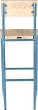 Load image into Gallery viewer, Duck-egg blue metal stool with back with whitewash stain ash wood made in UK - back view round frame
