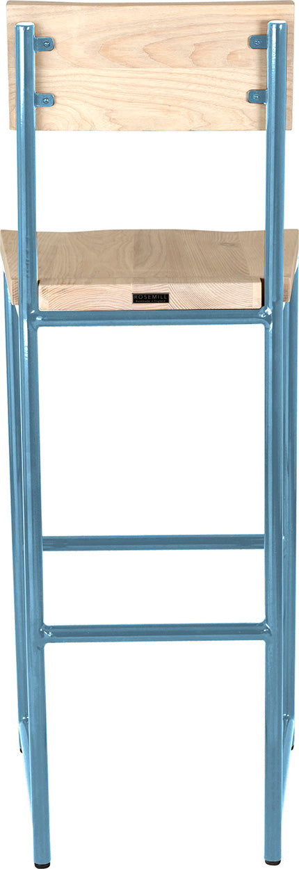 Duck-egg blue metal stool with back with whitewash stain ash wood made in UK - back view round frame