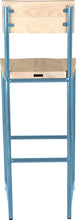Load image into Gallery viewer, Duck-egg blue metal stool with back with whitewash stain ash wood made in UK - back view round frame
