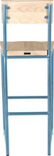 Load image into Gallery viewer, Duck-egg blue metal stool with back with whitewash stain ash wood made in UK - back view round frame
