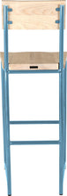 Load image into Gallery viewer, Duck-egg blue metal stool with back with whitewash stain ash wood made in UK - back view round frame
