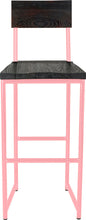 Load image into Gallery viewer, Pink metal stool with back with black stain ash wood made in UK - front view round frame
