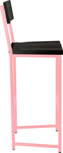Load image into Gallery viewer, Pink metal stool with back with black stain ash wood made in UK - side view round frame
