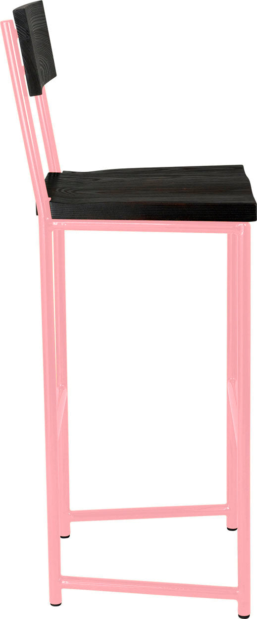 Pink metal stool with back with black stain ash wood made in UK - side view round frame