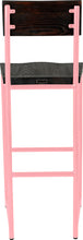 Load image into Gallery viewer, Pink metal stool with back with black stain ash wood made in UK - back view round frame
