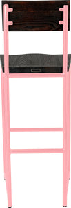 Pink metal stool with back with black stain ash wood made in UK - back view round frame