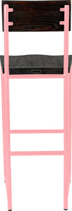 Pink metal stool with back with black stain ash wood made in UK - back view round frame