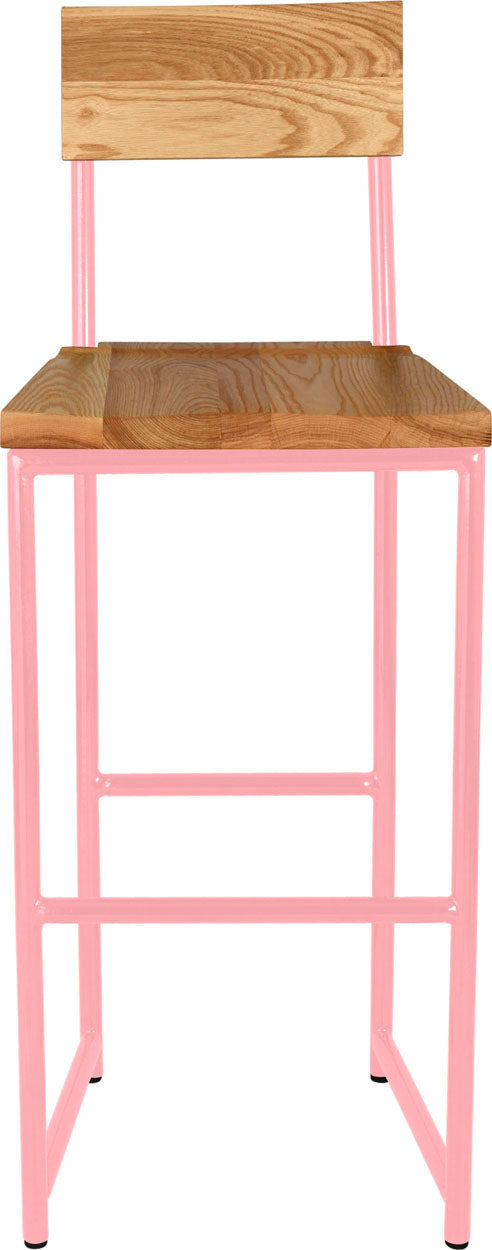 Pink metal stool with back with natural stain ash wood made in UK - front view round frame