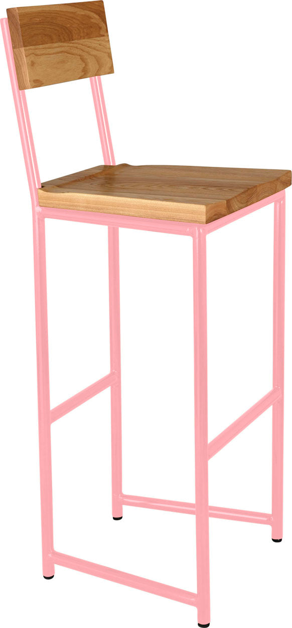 Pink metal stool with back with natural stain ash wood made in UK - angle view round frame