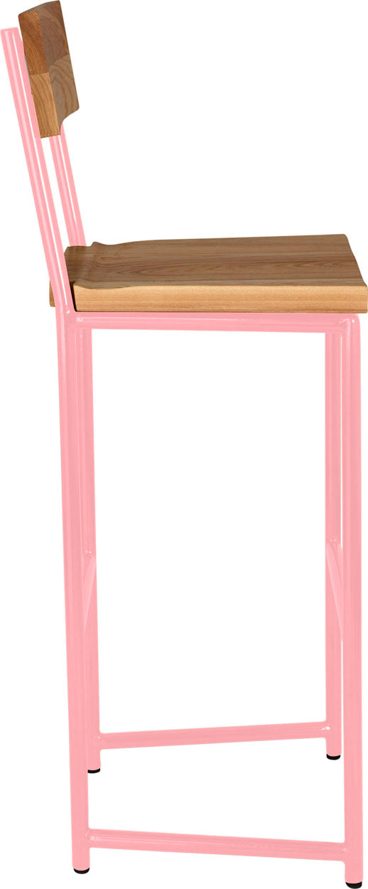 Pink metal stool with back with natural stain ash wood made in UK - side view round frame