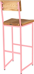 Pink metal stool with back with natural stain ash wood made in UK - back side view round frame