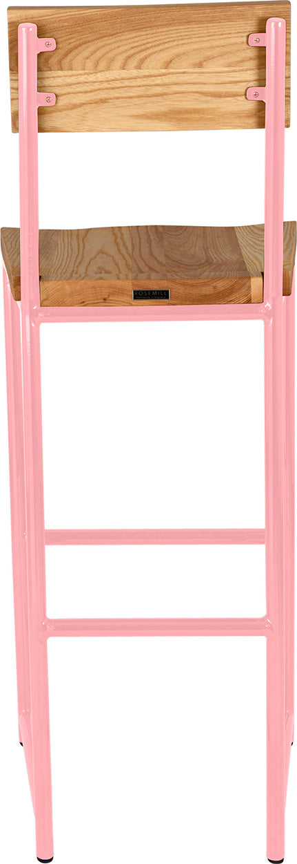 Pink metal stool with back with natural stain ash wood made in UK - back view round frame