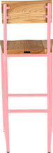 Load image into Gallery viewer, Pink metal stool with back with natural stain ash wood made in UK - back view round frame
