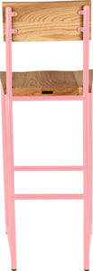 Pink metal stool with back with natural stain ash wood made in UK - back view round frame