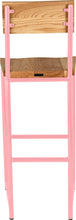 Load image into Gallery viewer, Pink metal stool with back with natural stain ash wood made in UK - back view round frame
