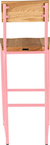 Pink metal stool with back with natural stain ash wood made in UK - back view round frame