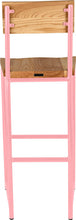 Load image into Gallery viewer, Pink metal stool with back with natural stain ash wood made in UK - back view round frame
