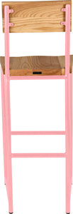 Pink metal stool with back with natural stain ash wood made in UK - back view round frame
