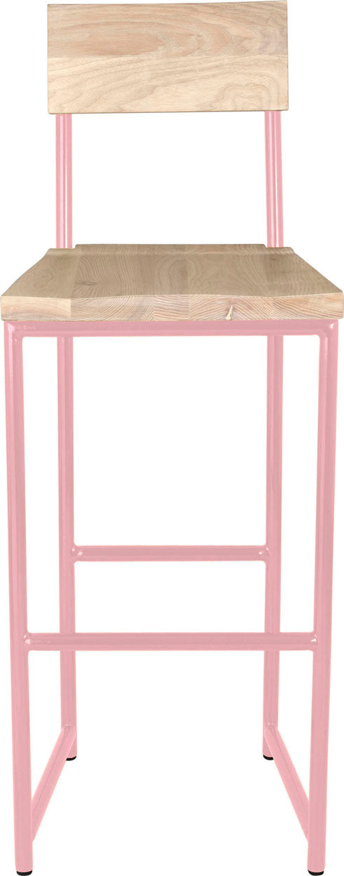 Pink metal stool with back with whitewash stain ash wood made in UK - front view round frame