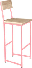 Load image into Gallery viewer, Pink metal stool with back with whitewash stain ash wood made in UK - angle view round frame

