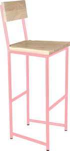Pink metal stool with back with whitewash stain ash wood made in UK - angle view round frame