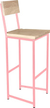 Load image into Gallery viewer, Pink metal stool with back with whitewash stain ash wood made in UK - angle view round frame
