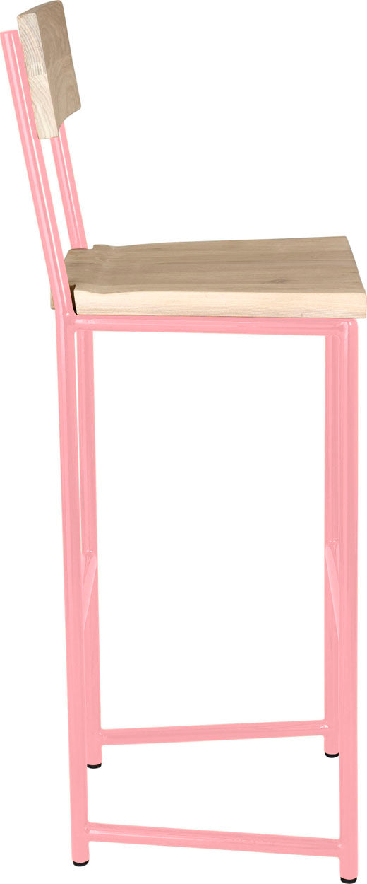Pink metal stool with back with whitewash stain ash wood made in UK - side view round frame