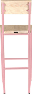 Pink metal stool with back with whitewash stain ash wood made in UK - back view round frame