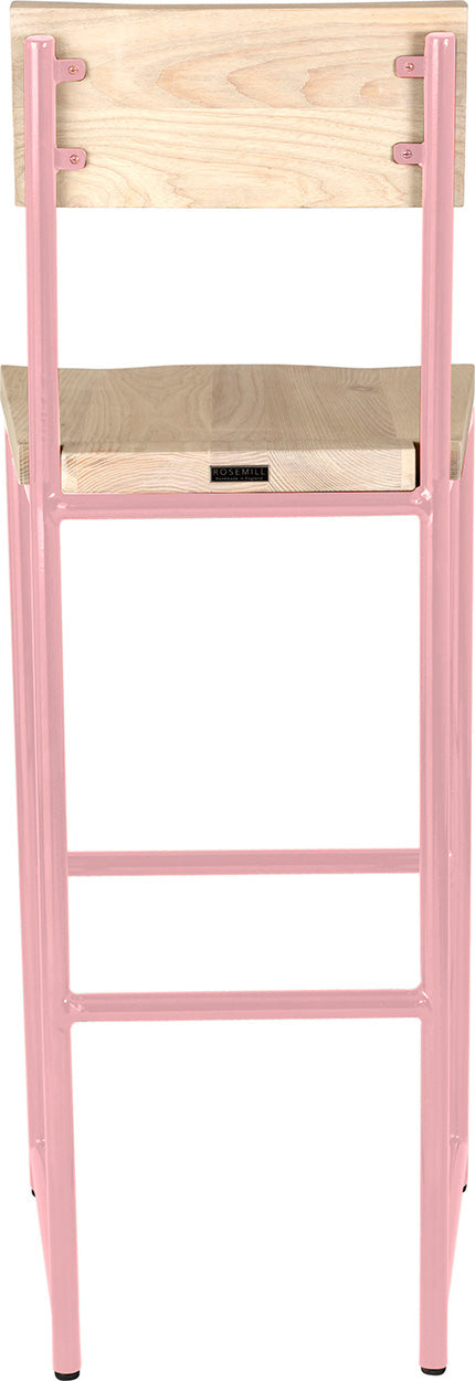Pink metal stool with back with whitewash stain ash wood made in UK - back view round frame