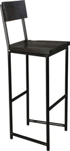 Load image into Gallery viewer, Gloss black metal stool with back with black stain ash wood made in UK - angle view round frame
