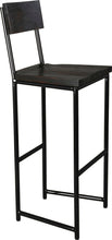 Load image into Gallery viewer, Gloss black metal stool with back with black stain ash wood made in UK - angle view round frame
