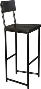 Gloss black metal stool with back with black stain ash wood made in UK - angle view round frame