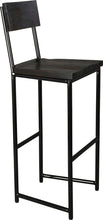 Load image into Gallery viewer, Gloss black metal stool with back with black stain ash wood made in UK - angle view round frame

