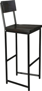 Gloss black metal stool with back with black stain ash wood made in UK - angle view round frame