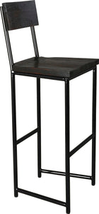 Gloss black metal stool with back with black stain ash wood made in UK - angle view round frame