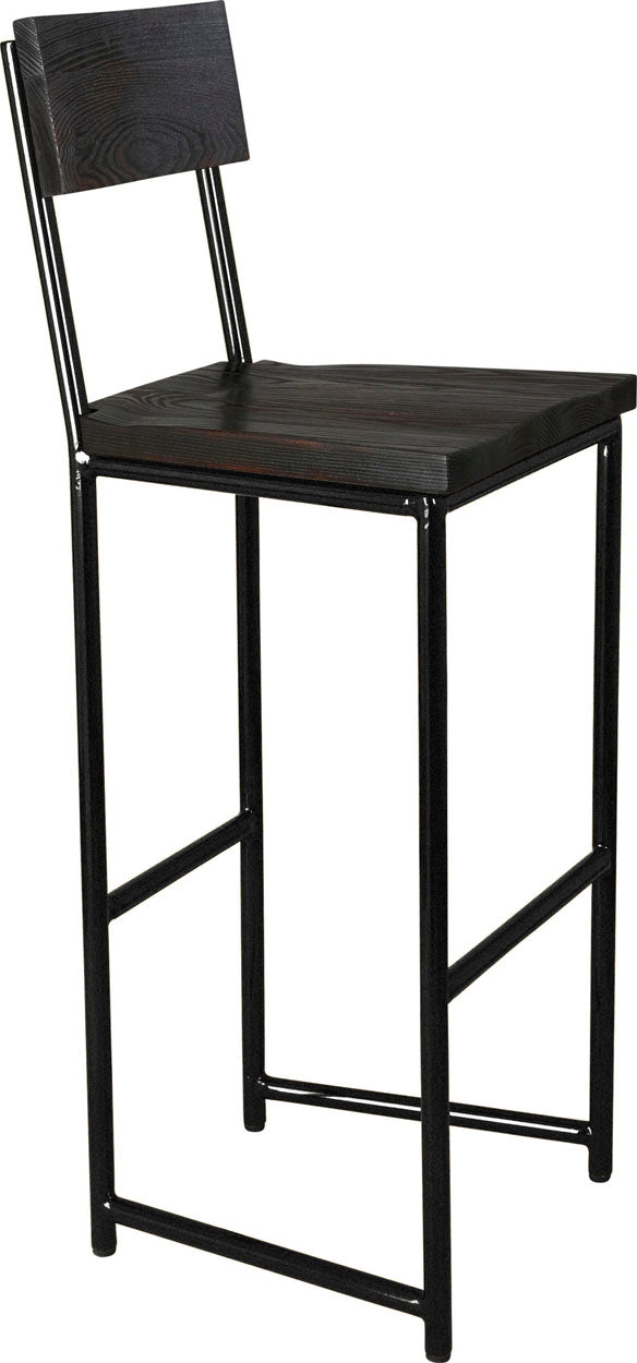 Gloss black metal stool with back with black stain ash wood made in UK - angle view round frame