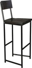 Load image into Gallery viewer, Gloss black metal stool with back with black stain ash wood made in UK - angle view round frame
